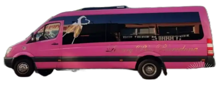 Minibús color rosa con capacidad para 17 personas, ideal para transporte de grupos y eventos femeninos o temáticos.